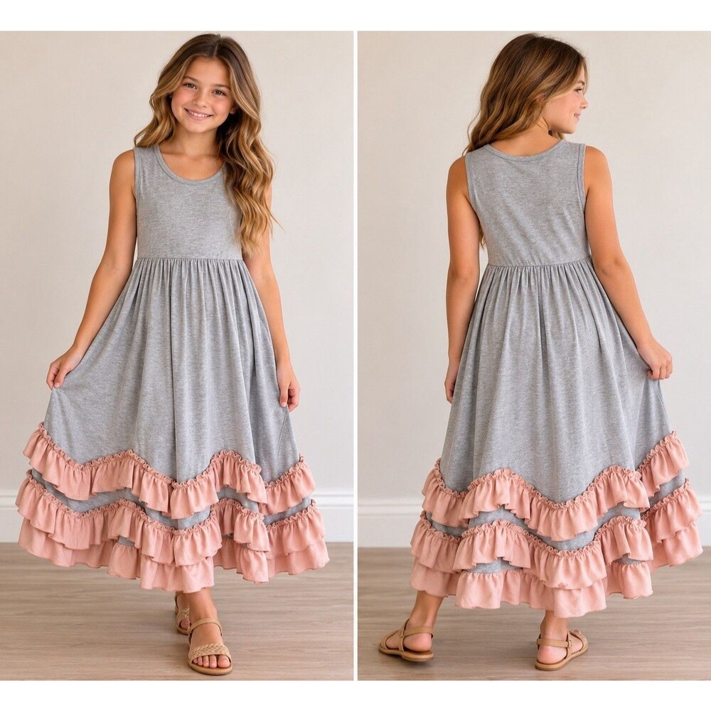 Girls Boho Chic Cottage Core Maxi Ruffled Gray Sleeveless Dress XXL 10/12 NWT